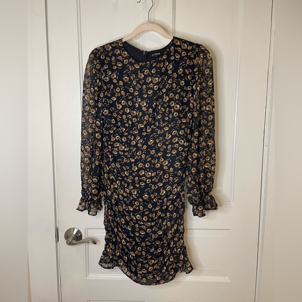 NWT Storia Dark Floral Swiss Dot Ruched Long Sleeve Dress